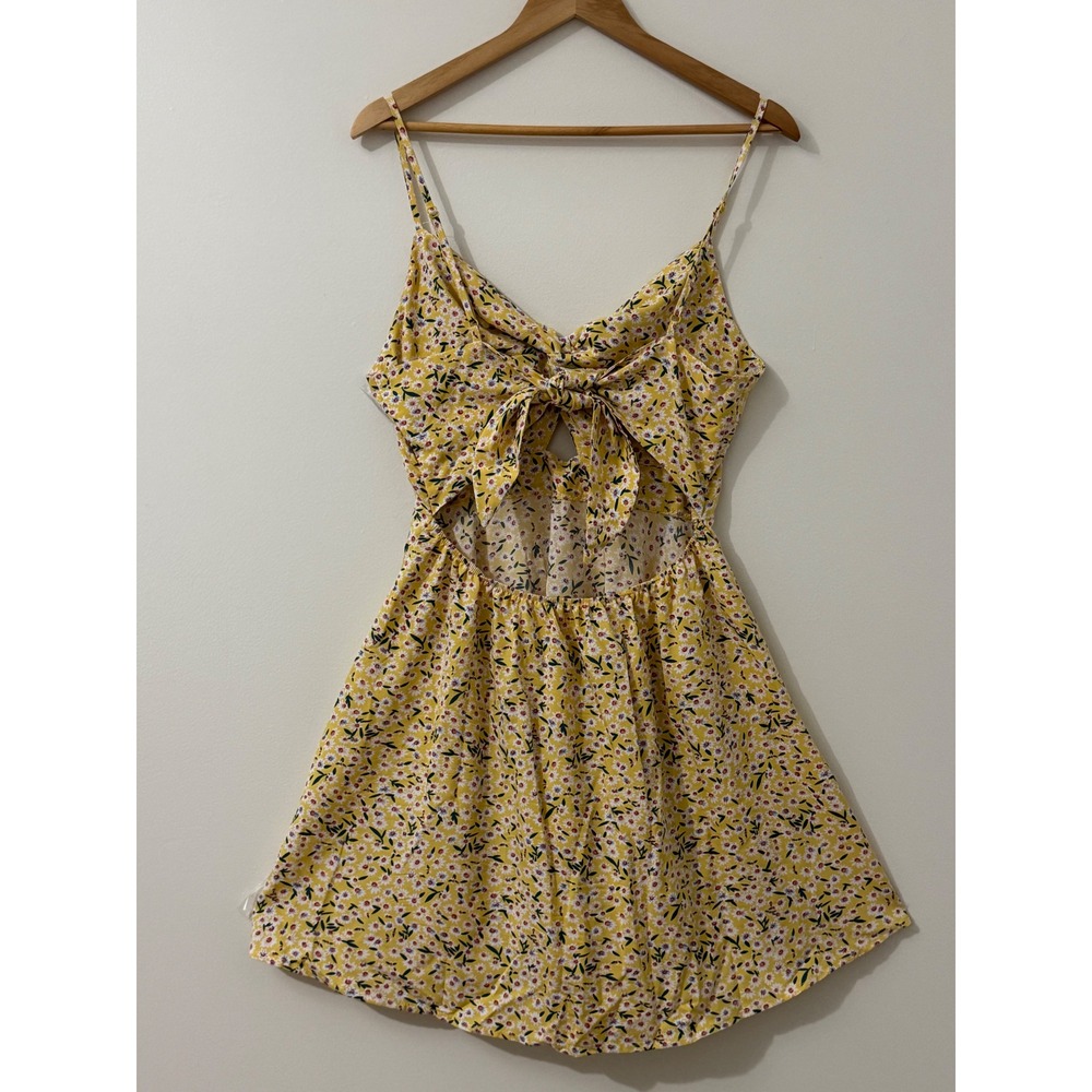 Yellow Ditsy Floral Fit & Flare Mini Dress Cutout Tie Back M Cottagecore Summer - Picture 5 of 10